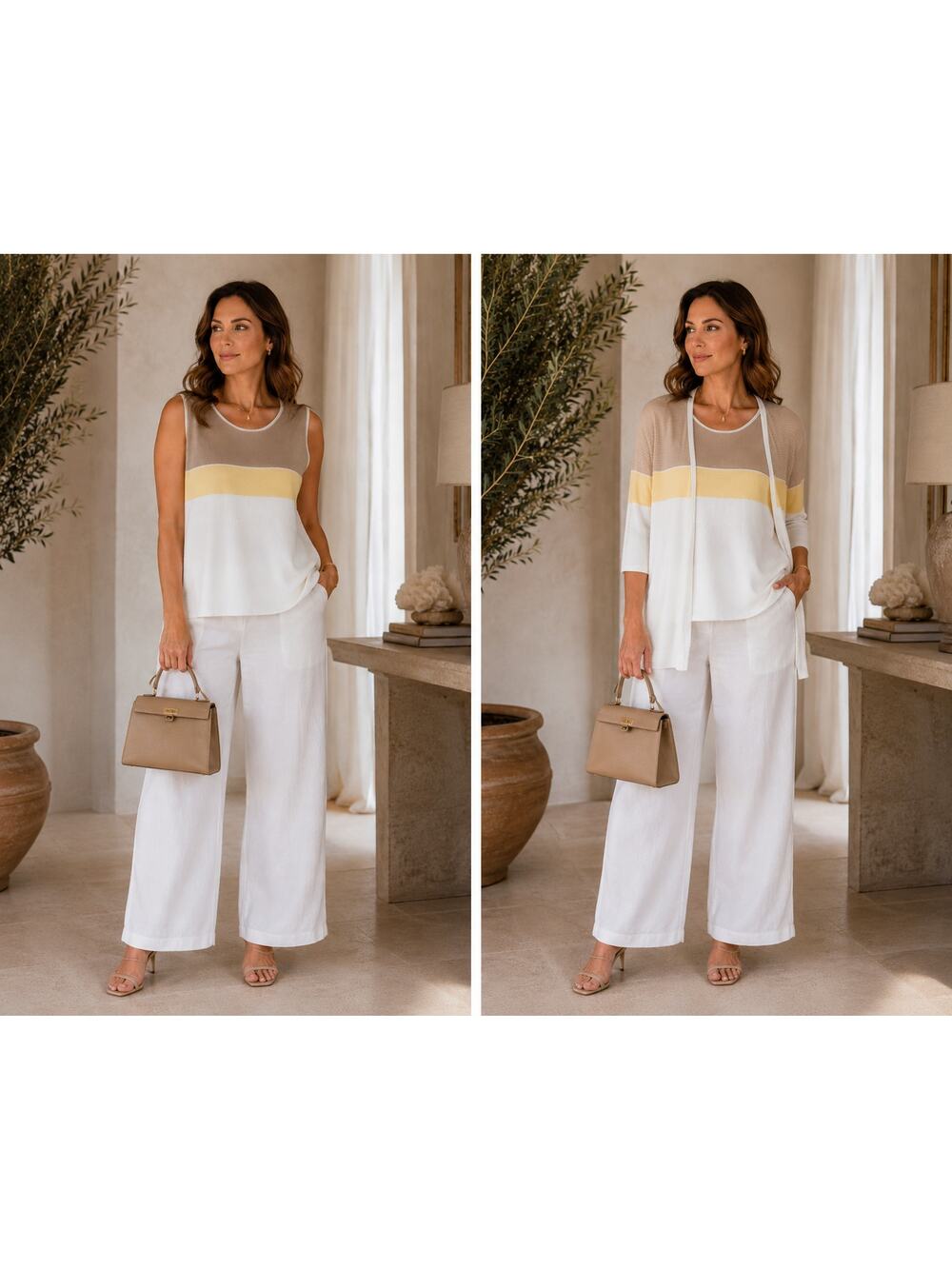 Chico’s Size L Cream tan yellow Colorblock two piece set